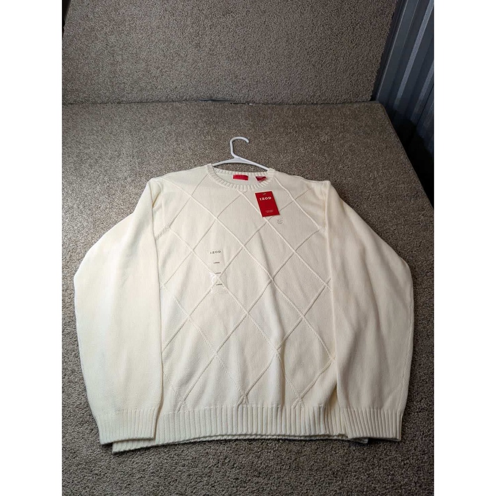 Izod Luxury Sport Mens Large Ivory Cotton Diamond Textured Crew Neck Sweater NWT